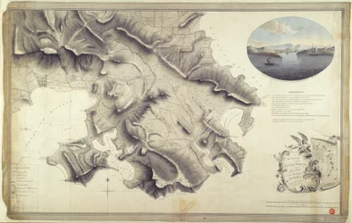 Plán okolí English Harbour a Monks Hill na ostrově Antigua, který vypracoval John Brown, zeměměřič a kreslíř armády v Západní Indii.