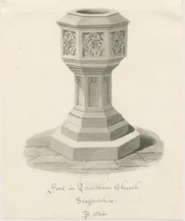 Font v Trentham Church: sépiová kresba, 1844