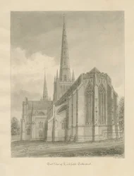 Katedrála Lichfield - východní pohled: sépiová kresba, 1838