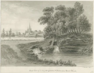 Katedrála Lichfield - Východní pohled: kresba sépie, 1844