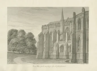 Katedrála Lichfield - severní pohled: sépiová kresba, 1845