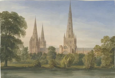 Katedrála Lichfield - South South East View: malba vodovými barvami, 1842