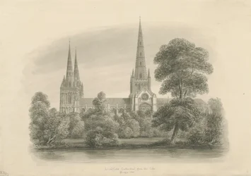 Katedrála Lichfield - jižní pohled: sépiová kresba, 1841