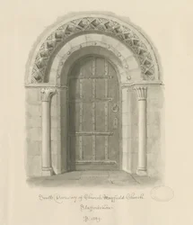 Mayfield Church - South Doorway: sépiová kresba, 1839