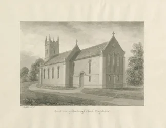 Newborough Church: sépie lavírovaná kresba
