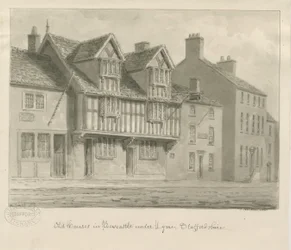 Newcastle-under-Lyme - Old Houses: sépiová kresba, 1840