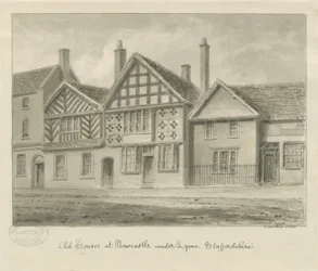 Newcastle-under-Lyme - Old Houses: sépiová kresba, 1840