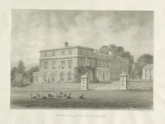Okeover Hall: sépiová lavírovaná kresba, 1847