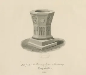 Penkridge - Font in Parsonage Garden: sépiová kresba