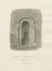 Rolleston Church - jižní vchod: sépiová kresba