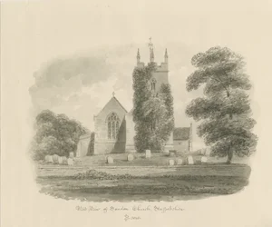 Kostel Sandon: sépiová kresba, 1843