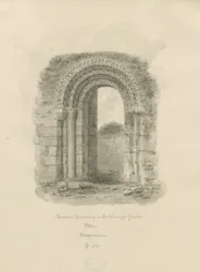 Kámen - starověká brána v zahradě fary: kresba sépie, 1841