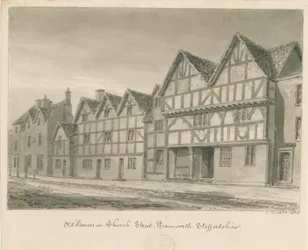 Tamworth - Staré domy v Church Street: sépiová kresba, 1838