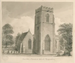 Kostel Tettenhall: sépiová lavírovaná kresba, 1837