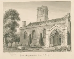 Trentham Church: sépiová lavírovaná kresba, 1840