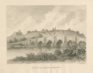 Tutbury Castle, Church and Bridge: sépie lavírovaná kresba