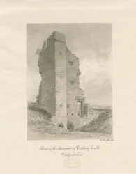 Hrad Tutbury: sépiová lavírovaná kresba
