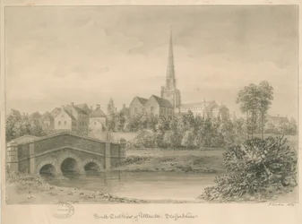 Uttoxeter Town: sépiová lavírovaná kresba, 1839