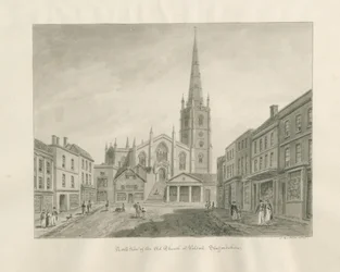 Walsall Town and Church: sépiová lavírovaná kresba