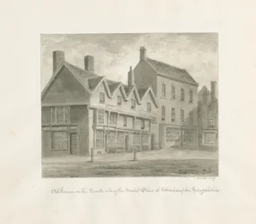 Wolverhampton - Staré domy na jižní straně tržiště: sépiová kresba, 1847