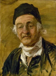 Portrét "komodora" Samuela Wilkese, obyvatele nemocnice v Greenwichi (Londýn, Anglie), který se zúčastnil bitvy u Trafalgaru (1805), ale titul komodor, který nosí, je pouze přezdívka.