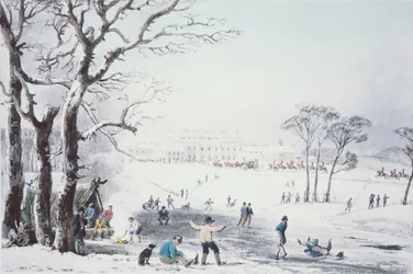 Pohled na Buckingham House a St James Park v zimě, vydavatelství R. Havell und Sons, 1810