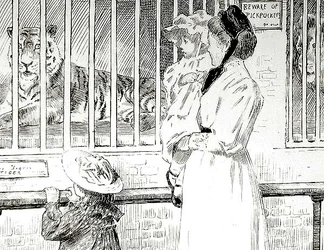 Belle Sauvage, pro „Divoká zvířata v zajetí“, báseň Charlese a Mary Lambových (pero a inkoust na kartě)