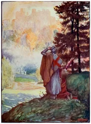 Christian a Hopeful přicházejí na dohled nebeského města z The Pilgrims Progress from This World, To What Is To Come John Bunyan (1628-1688) Ilustrace Byam Shaw (1872-1919)