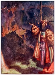 Demas z The Pilgrims Progres from This World, To That What Is To Come John Bunyan (1628-1688) Ilustrace Byam Shaw (1872-1919) zobrazující Demas, jak zve poutníky, aby pracovali ve stříbrném dole