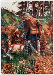 Faithful pomáhá Christianovi vstát po jeho pádu z The Pilgrims Progres from This World, To What Is To Come John Bunyan (1628-1688) Ilustrace Byam Shaw (1872-1919) zobrazující křesťanskou bytost