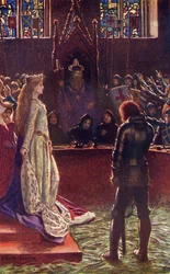 Dáma sira Lanvala se obrací na soudce, ilustrace z knihy „Romance and Legend of Chivalry“ od A. R. Hope Moncrieffa