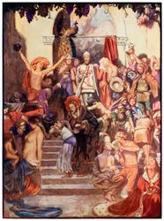 Vanity Fair od The Pilgrims Progres from This World, To What Is To Come John Bunyan (1628-1688) Ilustrace Byam Shaw (1872-1919) zobrazující křesťany a věřící vstupující do města Va
