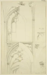Podrobnosti o kružbě oken Clerestory a klenutí uličky níže, v St Mary Redcliffe (tužka a akvarel na papíře)