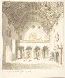 Lea Castle, Worcestershire, Pohled ve Velké síni, Pohled na západ, ca. 1816.