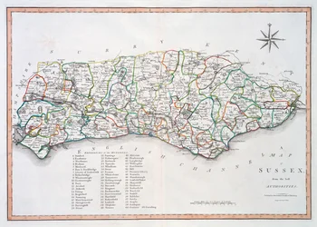 Mapa Sussexu, 26. března 1805 (ručně kolorovaná rytina)