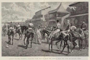 Ascot dostihy, koně míjející Royal Box na jejich cestě ke startovnímu stanovišti