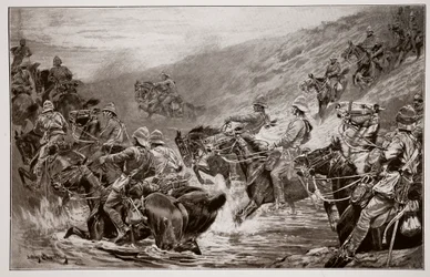 The Dash for Kimberley - The 10th Hussars Crossing Klip Drift, podle náčrtu G. D. Gilese (fl. 1890)