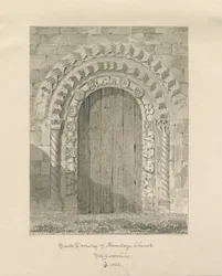 Armitage Church - South Doorway: sépiová kresba, 1823