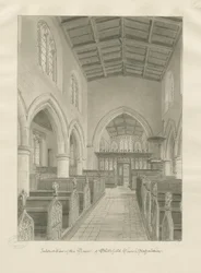 Interiér kostela Blithfield: sépiová kresba, 1824