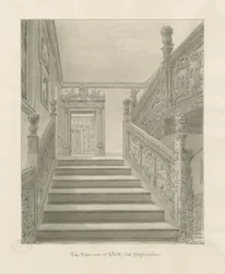 Interiér Blithfield Hall: sépiová kresba