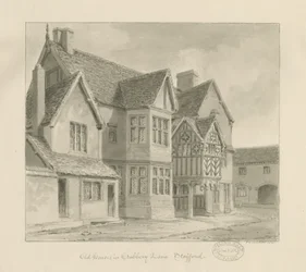 Stafford - Staré domy v Crabbery Lane: sépiová kresba, 1841