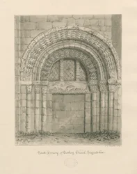 Tutbury Priory Church - South Doorway: sépiová kresba, 1812