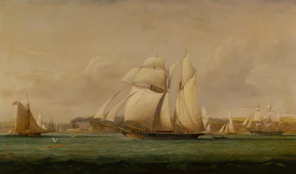 Špičkový plachetní škuner, dva kráječe Royal Yacht Squadron a americká obchodní loď (ropa)