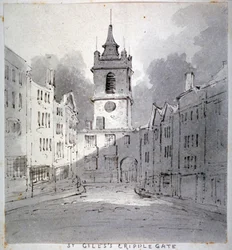 Kostel svatého Jiljí bez Cripplegate z Fore Street, City of London, 1790.