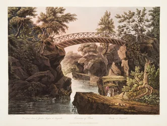 Okolí Paříže, Most v Bagatelle, ilustrace z Versailles, Paříž a Saint Denis, hospoda. 1809 (akvatinta)