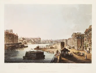 Ostrov St Louis, Věže kostela Notre Dame, Most Notre Dame, Louvre, Corn Quay, ilustrace z Versailles, Paříž a Saint Denis, hospoda. 1805 (akvatinta)