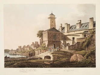 Paříž, Hasičský vůz, ilustrace z Versailles, Paříž a Saint Denis, hospoda. 1809 (akvatinta)