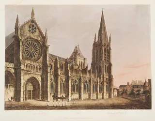 Kostel St Denis, ilustrace z Versailles, Paříž a Saint Denis, hospoda. 1805 (akvatinta)
