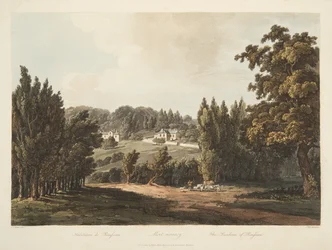 The Residence of Rousseau, ilustrace z Versailles, Paříž a Saint Denis, hospoda. 1809 (akvatinta)