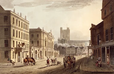 Pohled na radnici, tržiště a kostel opatství, z „Bath Illustrated by a Series of Views“, vyrytý hospodou Johna Hilla (1770-1850). William Miller, 1804 (akvatinta)